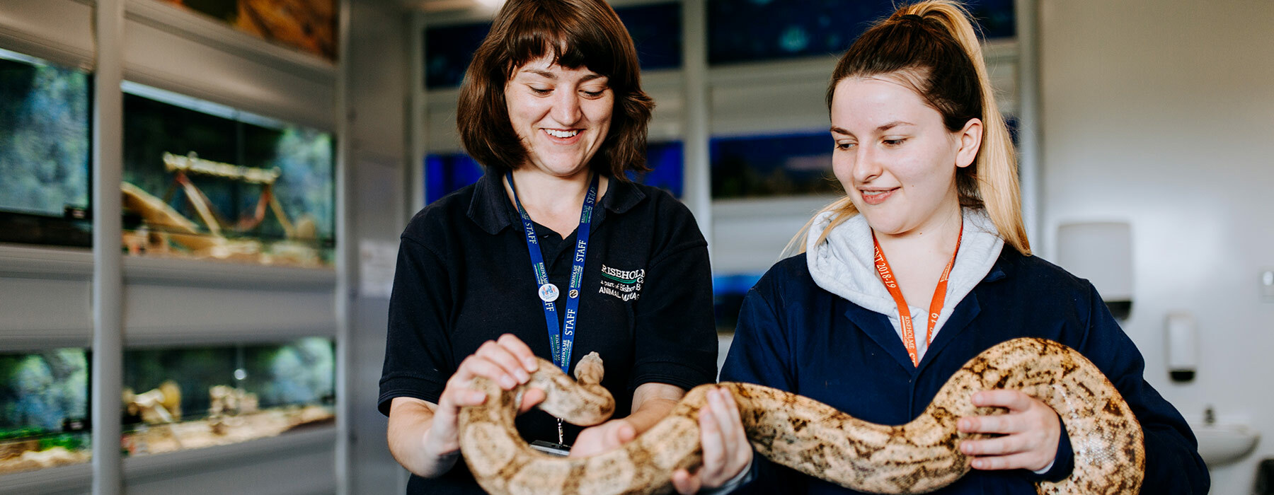 Animal management student handling snake at Riseholme