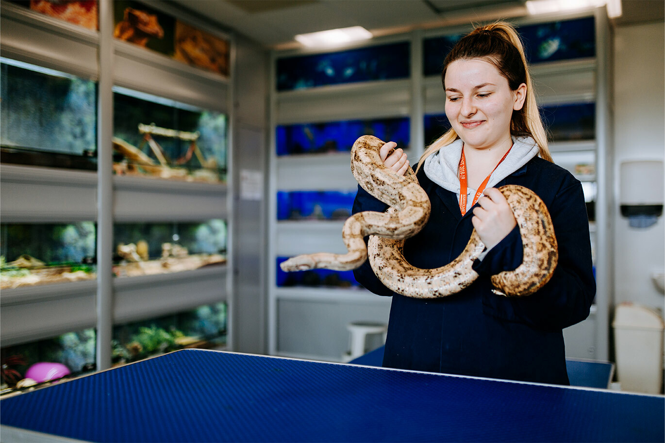 Animal student holding a snake