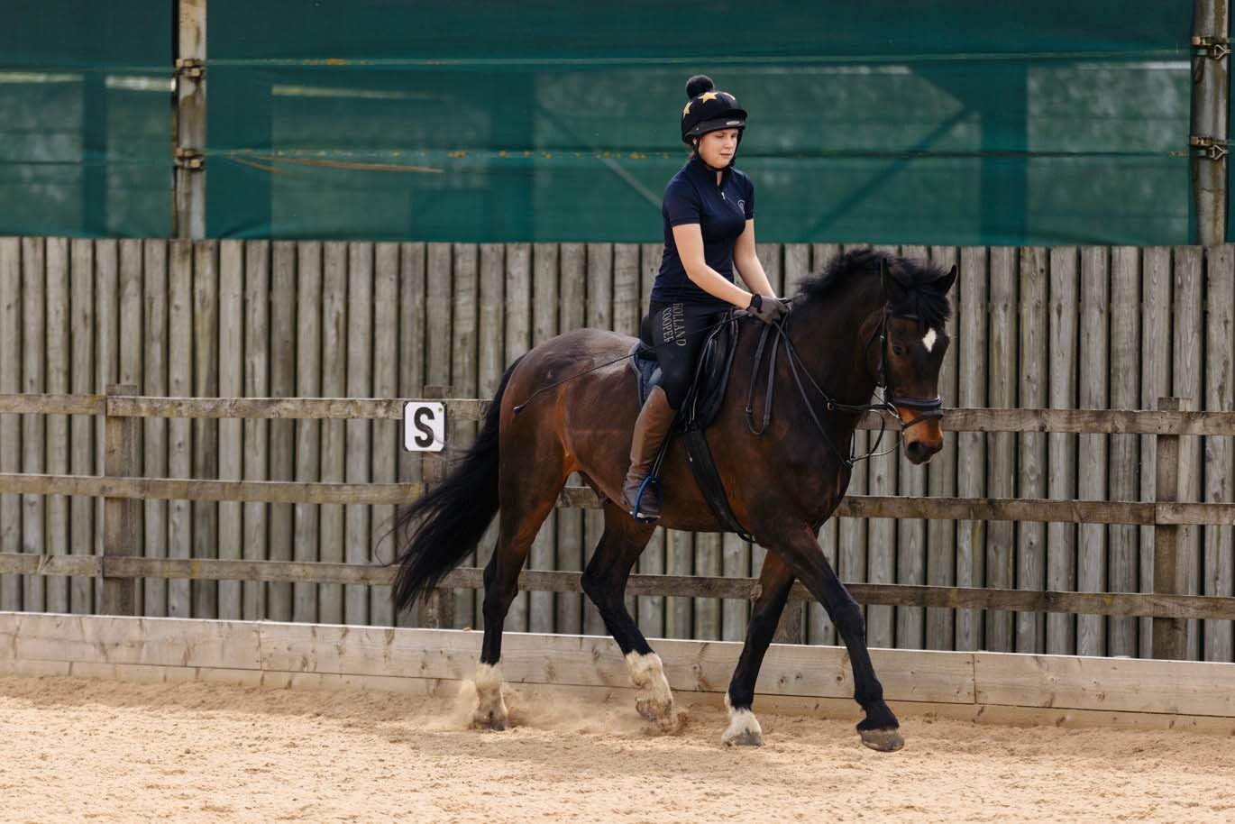 Equine student horse riding in outdoor arena
